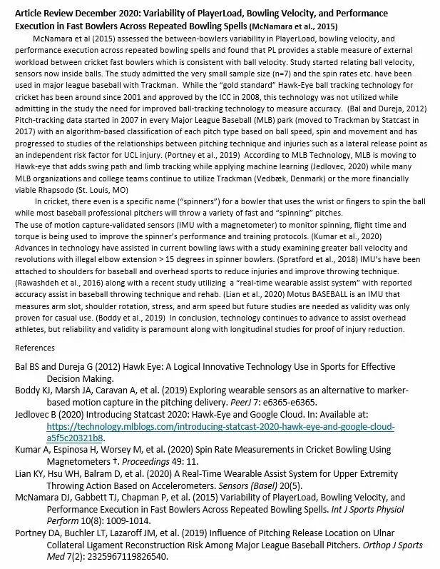 Article Review: Variability of PlayerLoad, Bowling Velocity and Performance Execution